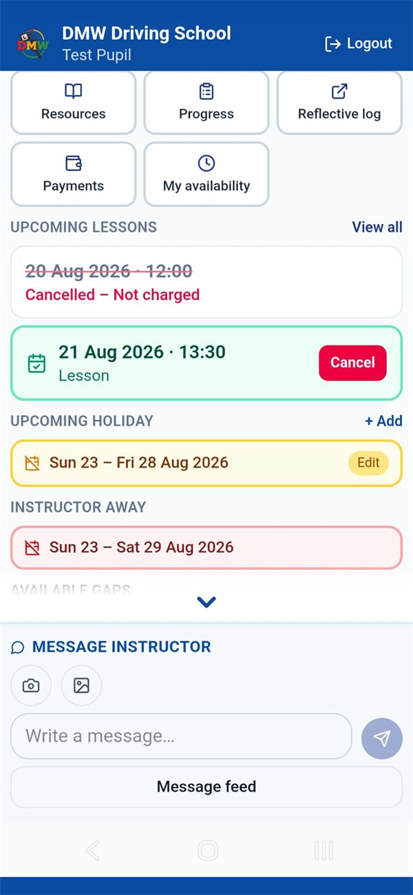Pupil home screen showing a booked holiday, instructor away dates and lessons