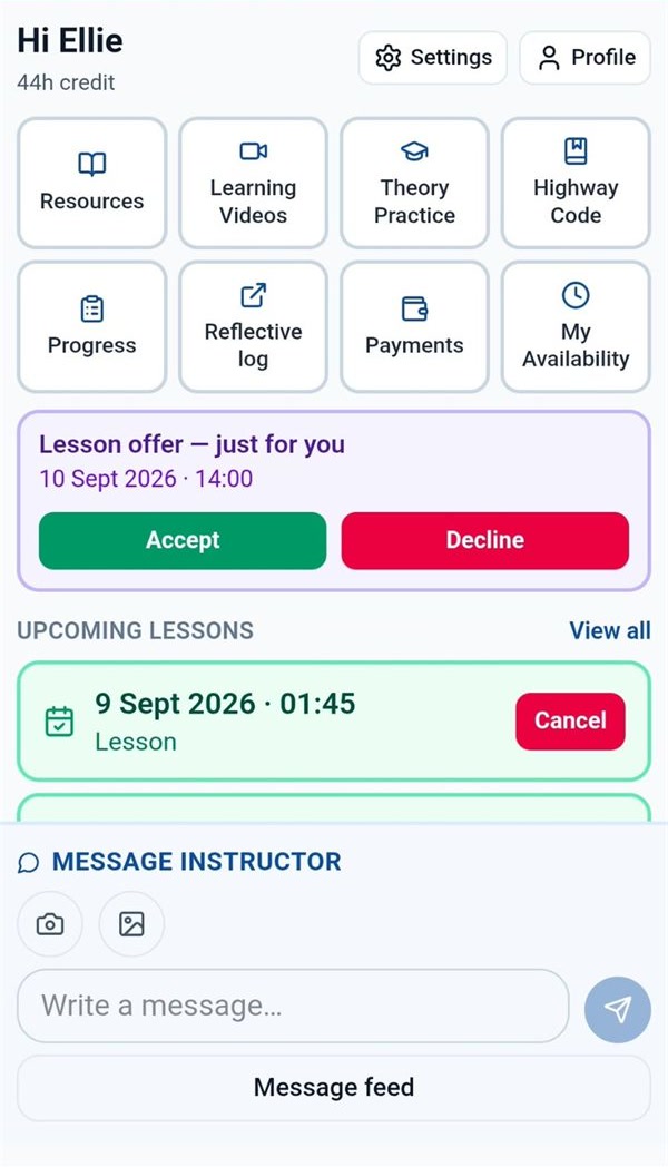 Pupil home screen with a lesson offer, upcoming lessons and hours of credit