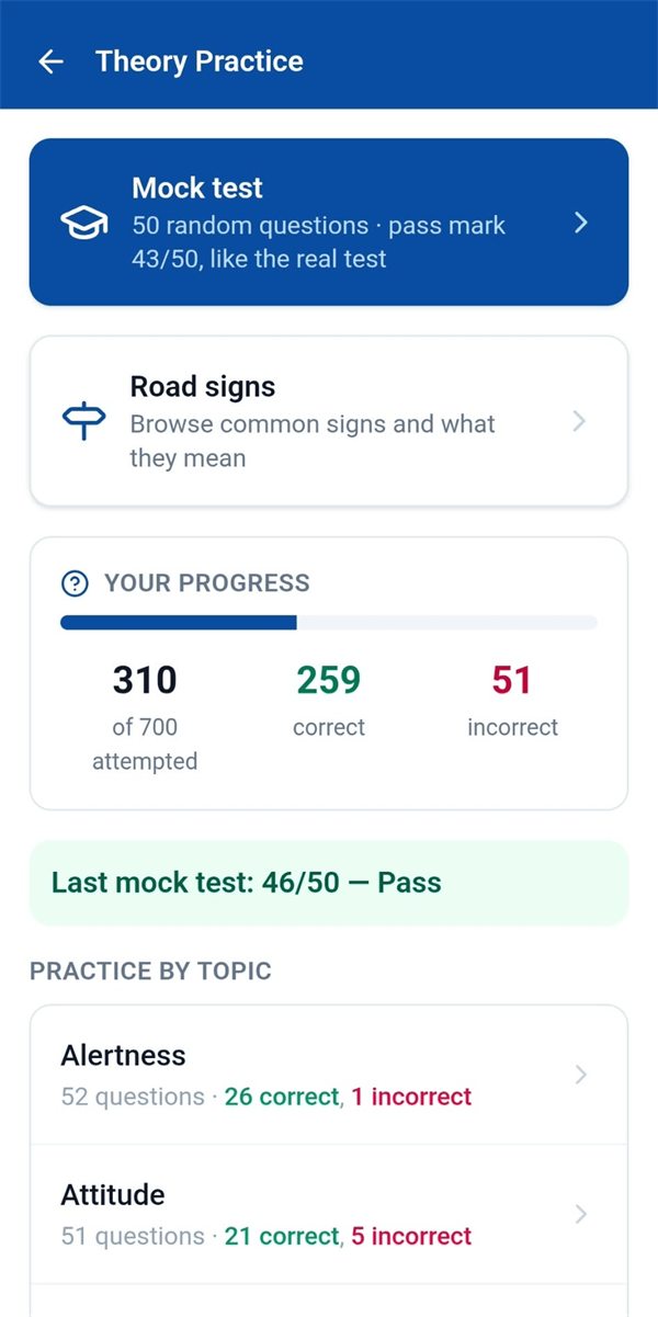 Theory practice screen with mock tests and progress by topic