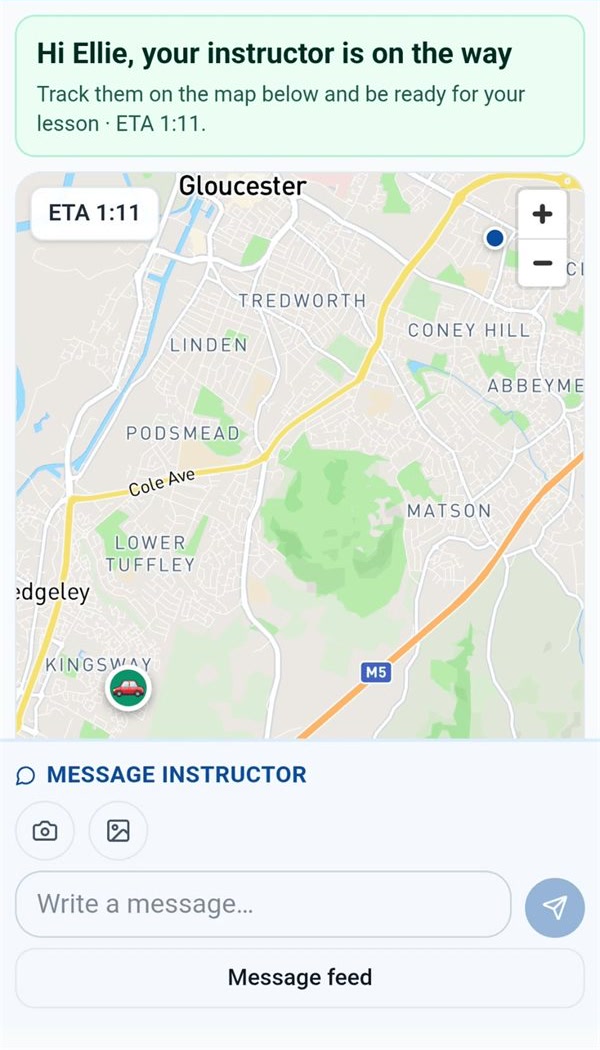 The Drive My Way app showing the instructor on the way on a live map